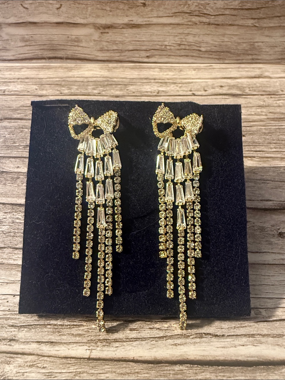 Gold Plated Bow Drop Crystal Fringe Earrings - Women Jewelry